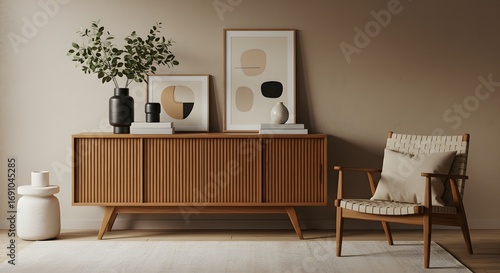 Modern Scandinavian Living Room Interior with Wooden Cabinet, Armchair, and Artwork