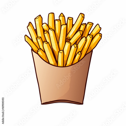 Stylized Golden French Fries Illustration in White Container Featuring Crispy Texture and Vibrant Colors.