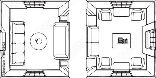Top-down view of two living room layouts with furniture and architectural details