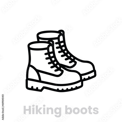 hiking boots Vector icon vector art of a pair of sturdy work boots, rendered in a clean, bold line drawing, showcasing their robust construction with detailed laces and tread, , perfect for illustrati