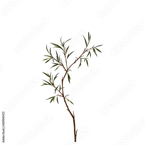 Stylized Green Leaves on a Brown Branch Minimalist Plant Illustration.