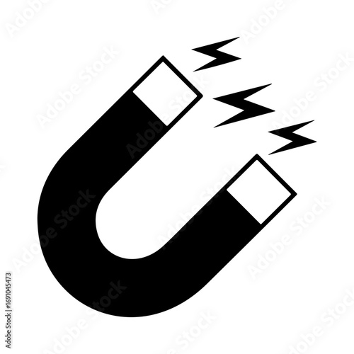 Powerful horseshoe magnet symbol attracting metallic elements with magnetic force and energy field vector