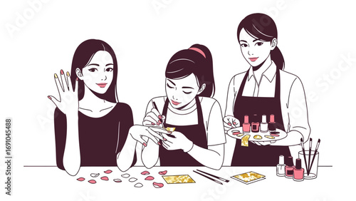 Three women are engaged in a creative activity possibly crafting or jewelry making with a focus on detailed work and artistic expression