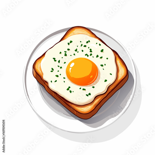 Stylized illustration of a sunnysideup fried egg on a slice of toasted bread garnished with chopped green herbs.