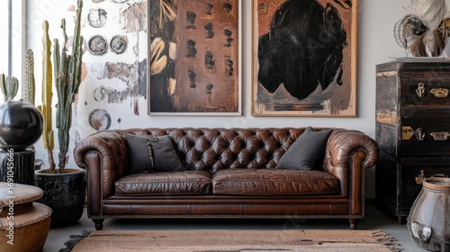 Luxurious leather chesterfield sofa in an eclectic living room with artwork and vintage accents creating a stylish interior