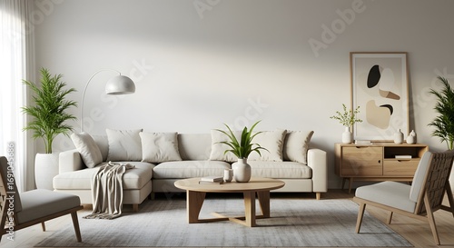 Modern Scandinavian Living Room with Beige Sectional Sofa, Wooden Furniture, and Indoor Plants