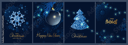 Shiny Christmas, New Year  greeting cards. Holiday background for gift card,  voucher, banner, post design. Christmas tree, snowflakes, baubles, gift, garland. Winter composition. 