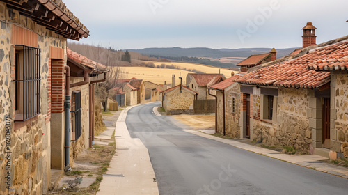 Residential street in a traditional Spanish village with stone houses and red tiled roofs, asphalt road and sidewalks, sunny spring day, realistic architectural photography.
