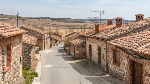 Residential street in a traditional Spanish village with stone houses and red tiled roofs, asphalt road and sidewalks, sunny spring day, realistic architectural photography.
