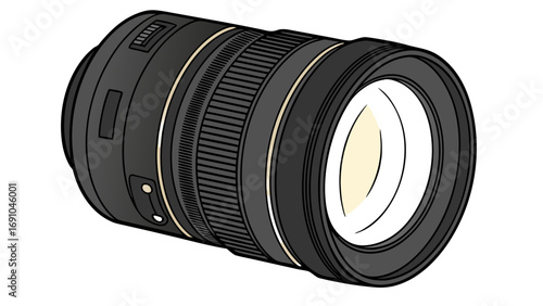 Illustration of a professional camera lens with focus rings and switches on a white background
