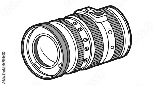 Illustration of a camera lens with various rings and controls in a monochromatic style design element