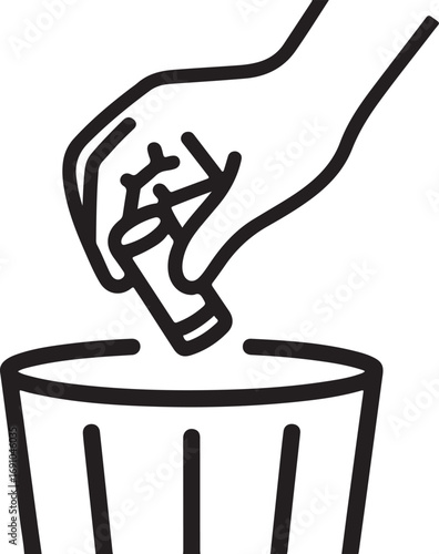 Hand dropping small object into a trash can icon