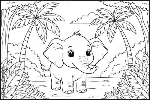 Cute baby elephant in tropical forest coloring page