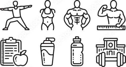 Fitness and Health Icons: Yoga, Bodybuilding, Nutrition, and Gym Equipment