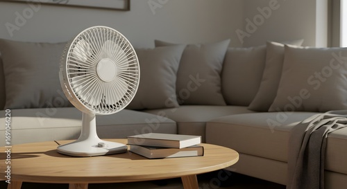Modern white desk fan on a wooden table with books in a living room with a sofa