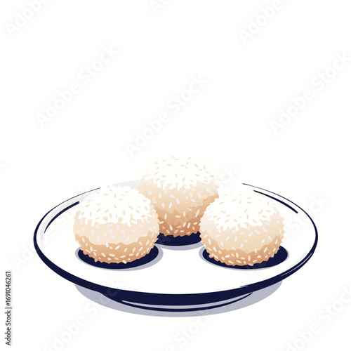 Three fluffy white rice balls arranged on a white plate.