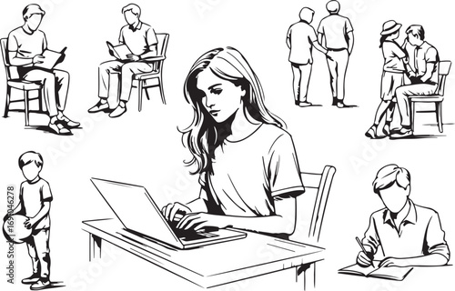 Diverse people engaged in various activities like reading, working, and socializing