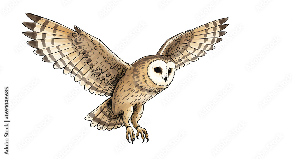 Fototapeta premium Barn Owl in Flight - Illustration png clear alpha channel cutout isolated on transparent background
