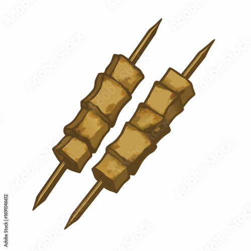 Two Brown Food Skewers with Rectangular Pieces Textured Illustration Style.