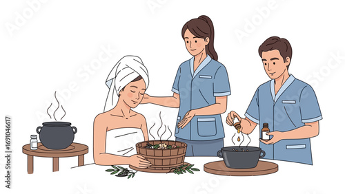 Holistic spa treatment with herbal steam therapy and facial massage performed by two therapists in a serene wellness setting