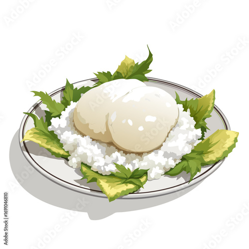 Two Soft Boiled Eggs Over Rice with Garnish.