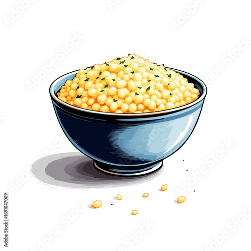 Vibrant blue bowl filled with golden couscous garnished with fresh green herbs vector illustration.