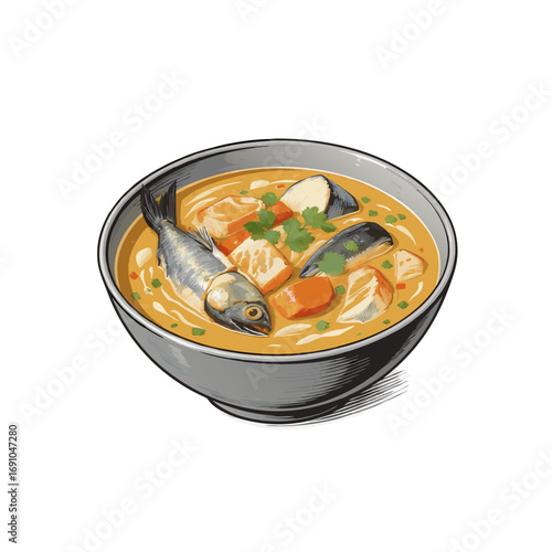 Vibrant fish and vegetable soup in a black bowl featuring a whole fish and fresh herbs.