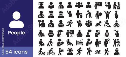 People icon set with user, person, and avatar glyph symbols for human lifestyle and activity. Includes diverse characters, professions, and family pictograms.

