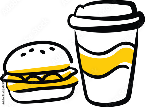 Yellow doodle style hot dog and coffee cup on white background sausage mustard