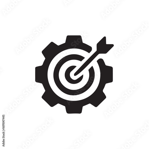 Vector art of marketing strategy concept a gear with an arrow hitting the bullseye, symbolizing targeted advertising and achieving business goals