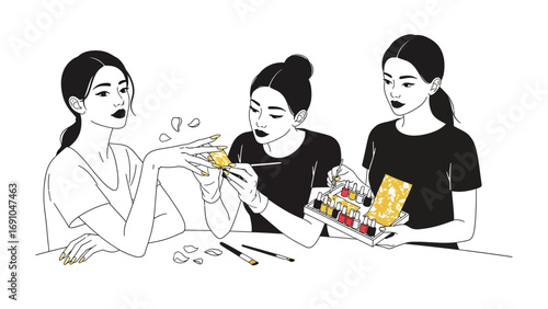 Three young women friends gathered around a table enjoying a meal and conversation depicted in a stylish black and white line art illustration style