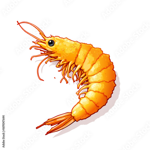 Vibrant illustration of a cooked shrimp with orange yellow and purple details and a bright green eye.