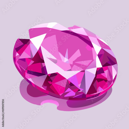 Vibrant pink faceted gemstone with brilliant cuts and sparkling highlights vector graphic style.