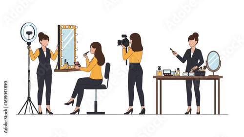 Creative professionals preparing for a beauty photoshoot or video production with makeup lighting and camera equipment in a studio setting