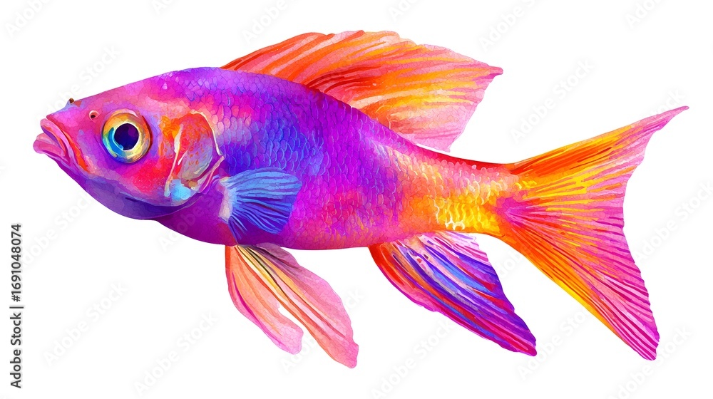 Fototapeta premium Close-up of a stunningly colorful fish with rainbow scales, an aquatic fantasy creature isolated on a transparent PNG background