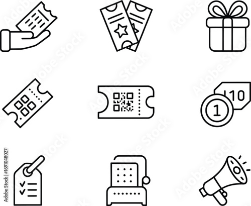 Collection of hand drawn icons representing tickets gifts and promotions