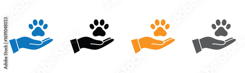 Animal Paw and Human Hand Icon. Animal Donation, Care and Protection concept,Vector illustration.Hand holding paw print shows animal care and protection,. Adoption of Pets, Shelter, Charity Icon.