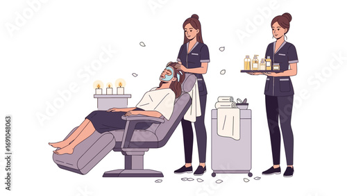 Professional hairstylists in a modern salon providing hair washing and treatment services to a seated client in a comfortable reclining chair