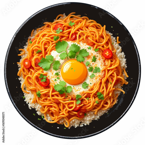 Vibrant spaghetti and rice dish with glossy black sauce cherry tomatoes and fresh cilantro in a black bowl topdown.