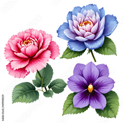 Vibrant vector art of three blooming flowers pink peony blue rose and purple pansy.