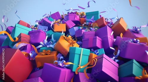 A joyful pile of colorful gift boxes tied with playful ribbons, evoking childhood excitement and wonder.
