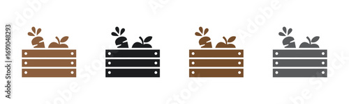 Fresh harvest icons of produce in wooden crate designs,
