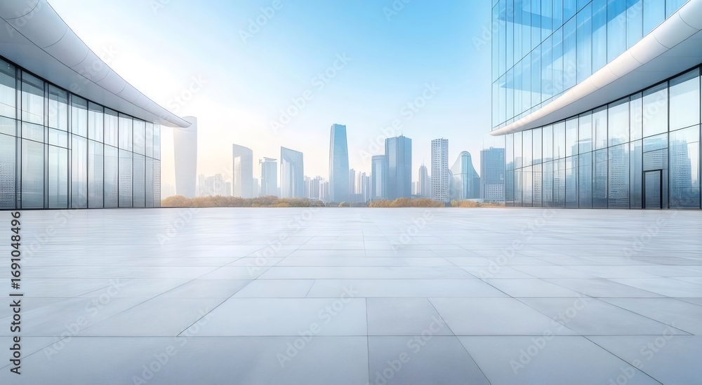 Fototapeta premium 青い空の下の現代的な都市景観 ビルが立ち並び 明るい光の中で反射するガラス構造