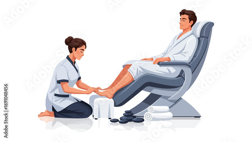Professional spa technician in uniform meticulously performing a relaxing foot massage for a male client seated in a comfortable modern chair