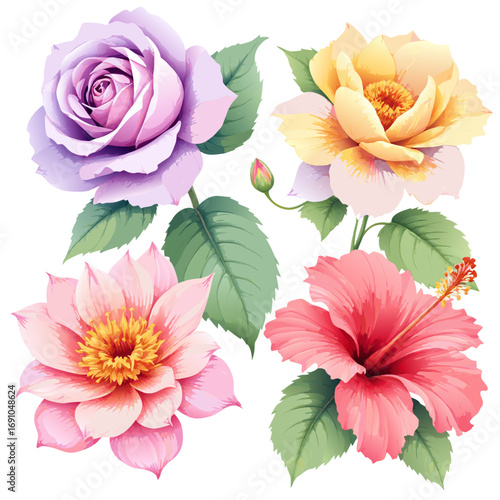 Wallpaper Mural Vibrant watercolor floral collection with purple rose yellow peony pink dahlia and red hibiscus. Torontodigital.ca