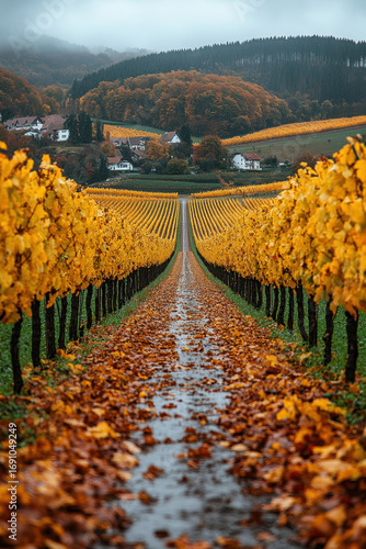 Yellow leaves cover the vineyard floor in autumn.
