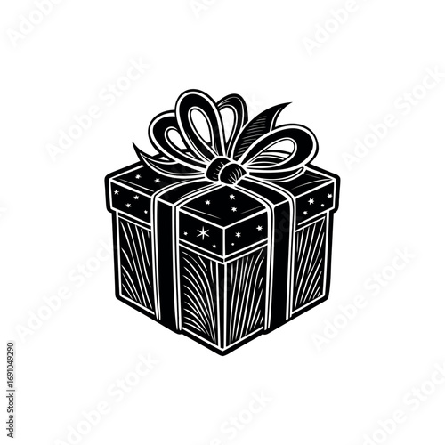 Elegant black and white gift box illustration with a decorative bow silhouette vector