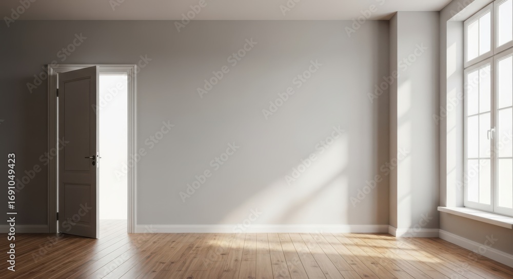 Fototapeta premium Empty room with open door and sunlight streaming through window