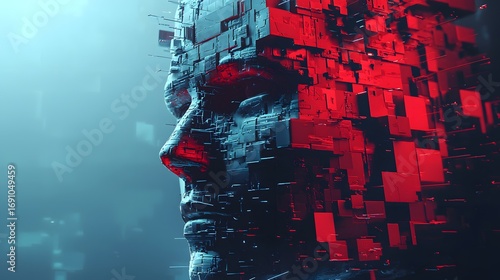 A digital silhouette of a human face, constructed from fragmented blocks with a cyberpunk aesthetic, embodies the fusion of humanity and technology