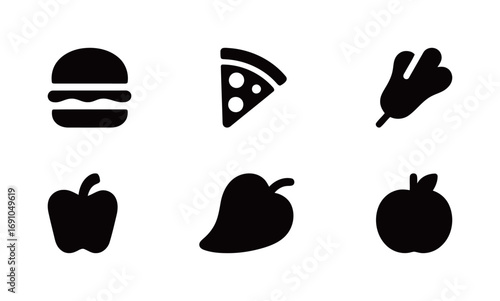 A small set of black solid vector icons featuring food items like a hamburger, pizza slice, and various fruits and vegetables.